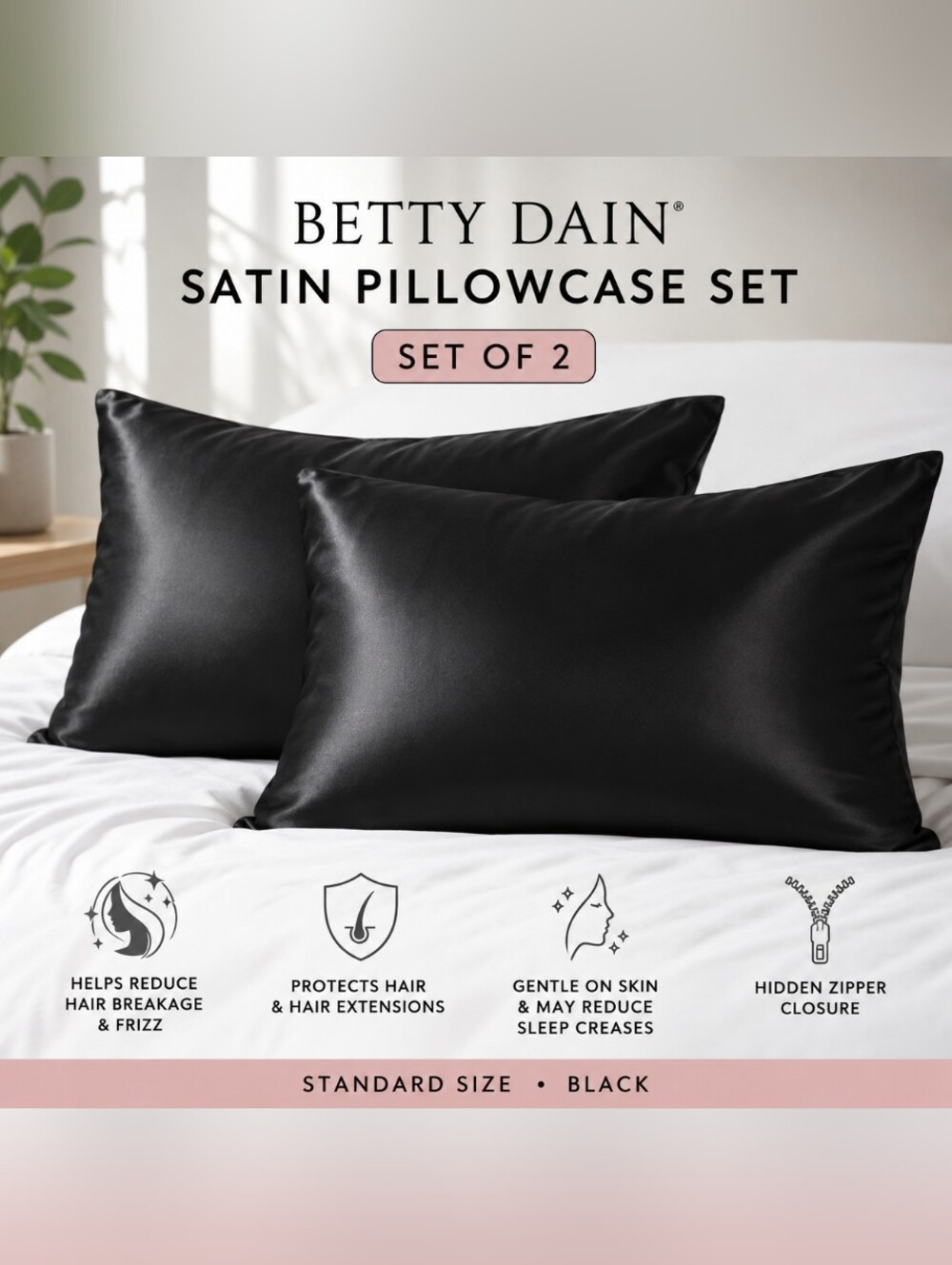 Betty Dain Satin Pillowcase Set of 2 Standard Black